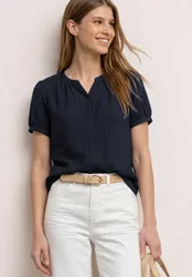 Kurzarm Bluse mit Split Neck und Knöpfen female Blau