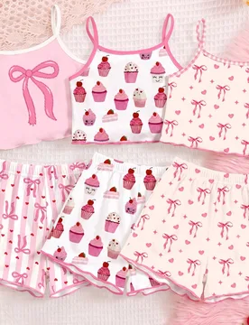 Conjunto de ropa de estar en casa para niña preadolescente, top de tirantes con lazo mini estilo retro minimalista y dulce, y pantalones cortos, adec - Shein - FashionsVida