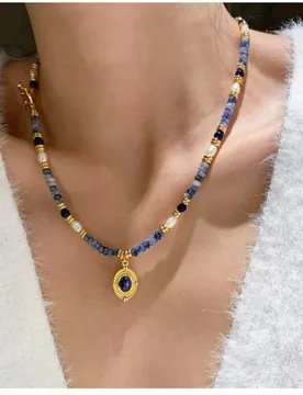 Bohemian Atmosphere Jewelry, Blue Natural Stone Beaded Necklace, Retro Accessories, Medal Pendant, Simple Stacked Jewelry - Aliexpress - FashionsVida