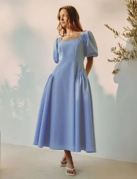 Pure Cotton Seersucker Puff Sleeve Midi Dress Dark Blue Denim female - Albaray - FashionsVida