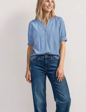 Kurzarm Bluse mit Split Neck und Elastiksaum female Blau