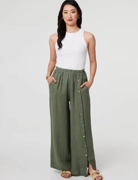 Women's Button Detail Wide High Waist Trousers in Khaki Size: 8 - Khaki - Size: 8 - Izabel London - FashionsVida