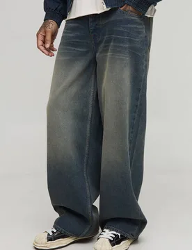 Men's Tall Overdye D Ring Baggy Fit Jeans Antique Wash Size 32 Antique Wash 32 - boohooMAN - FashionsVida