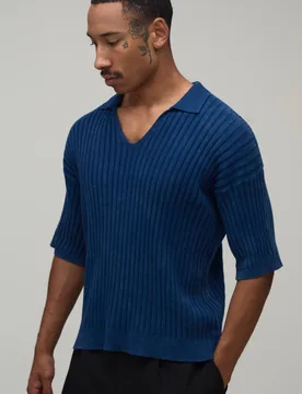 Men's Essential Muscle Fit Soft Touch 1/4 Zip Knitted Polo Navy Size Large Navy L - boohooMAN - FashionsVida