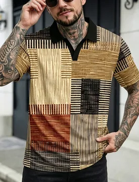 Camisa polo de verano para hombre con diseño minimalista, estampado de patchwork geométrico, textura tejida y cuello acanalado - Shein - FashionsVida