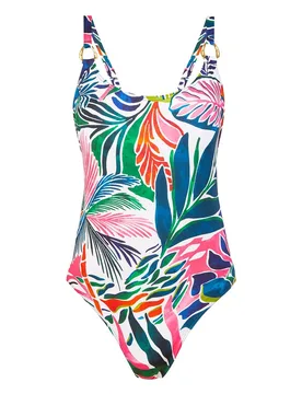 Bañador de mujer con anilla logo dorada en tirantes, espalda escotada y estampado tropical - Dolores Cortés - FashionsVida