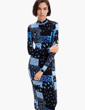 Robe midi tissu côtelé fleuri, Viscose, Bleu, XS
