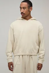 Herren Übergroßer Kastenförmiger Loopback Kapuzenpullover Mit V-Ausschnitt Beige Größe Medium
