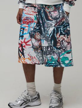 Herren Bermuda-Jeans Hosen-Shorts Mit Graffiti-Muster Rundum Ecru Größe XS
