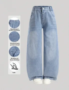 Jeans de mezclilla holgados de pierna ancha retro de moda para niñas, jeans casuales de pierna recta lavados en azul claro refrescante - Shein - FashionsVida