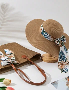 Pieza Sombrero de mujer estilo bohemio con estampado de plantas tropicales + 1 pieza Bolso a juego, para vacaciones/viajes - Shein - FashionsVida
