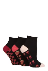 Women's 3 Pair Plain and Patterned Bamboo Ankle Socks Patterned Sole Black / Tuscan Rose 4-8 - Multi Coloured - Size: Small