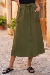Air Flow Button Front Tie Midi Skirt - Khaki - Size: 14