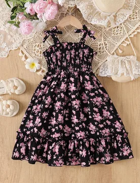 Vestido camisero para niñas con estampado floral, lazo y bajo con volantes - Shein - FashionsVida