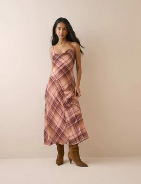 Checked Cowl Neck Midi Slip Dress Red female - Nobody's Child - FashionsVida