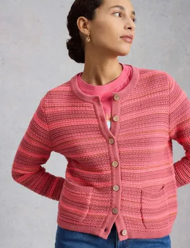 Pure Cotton Striped Crew Neck Cardigan Pink Mix female - White stuff - FashionsVida