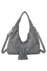 Women's Caldera Sudede PU Leather Hobo Shoulder Tassel Bag in Dark Grey - Dark Grey - Size: One Size