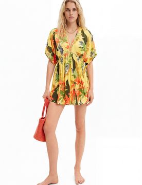 Robe tunique tropicale, Viscose, Jaune, XL