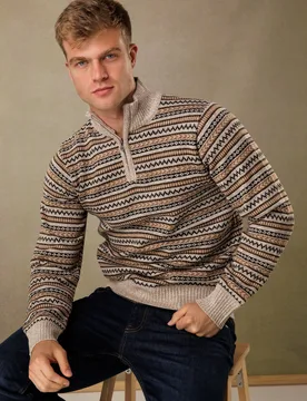 Mens Jacquard Quarter Zip Fleece Lined Jumper - Kensington - FashionsVida