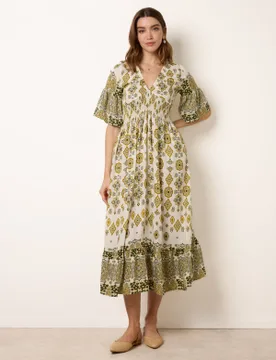 V Neck Border Print Dress - L / LIME - female - Blue Vanilla - FashionsVida