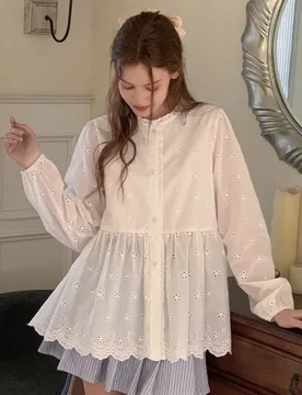 Camisa de manga larga con botones, bordado y malla para adolescentes - Shein - FashionsVida