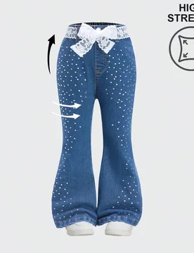 Pantalones vaqueros de campana con cintura elástica y adornos de rhinestones para niñas, ligeros para el verano - Shein - FashionsVida