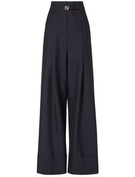 High-Waisted Wool Pinstripe Trousers with Peplum Detail, Belt and Front Pleats