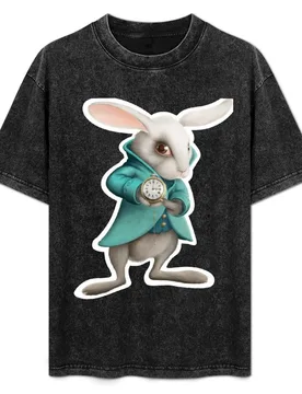 White rabbit with clock T-Shirt Work Short Sleeve Cotton Top - Aliexpress - FashionsVida