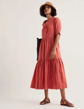 Cotton Rich Checked High Neck Midi Tiered Dress Orange Mix female - Seasalt cornwall - FashionsVida