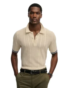 Polo A Maniche Corte Knitted Texture Oatmeal Beige S - Superdry - FashionsVida