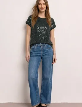 T-Shirt mit Rundhals und Pailletten female Grün