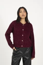 Fluffy Tinsel Knit Cardigan Sweater - Wine - Size: XS