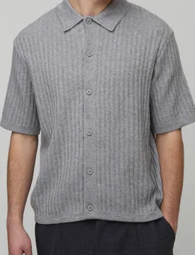 Men's Boxy Fit Soft Touch Short Sleeve Ribbed Knitted Shirt Grey Size Small Grey S - boohooMAN - FashionsVida