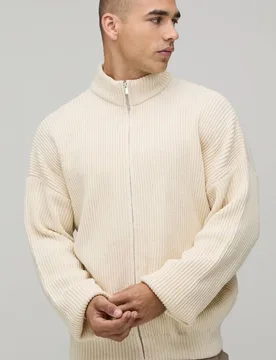 Men's Relaxed Fit Ribbed Track Knitted Jacket Ecru Size Small Ecru S - boohooMAN - FashionsVida