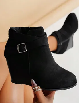 Botas de tobillo de moda informal con cuña, punta redonda y cremallera lateral para mujer, para otoño/invierno - Shein - FashionsVida