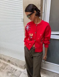 Embroidered Crew Neck Relaxed Cardigan Red Mix female