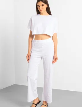 Women's Wide Trouser & Crop Blouson Sleeve Top Set in White Size: 12 - White - Size: 12 - Enorsia - FashionsVida