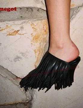 Round Toe Fringe Thin Slip On Women's Mules Black Tassel Stiletto Heels Slippers Leather Solid Summer Outside Casual Shoes Sexy - Aliexpress - FashionsVida