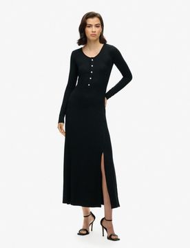 Superdry Damen Midikleid mit Halblanger Knopfleiste Schwarz - Größe: 44
