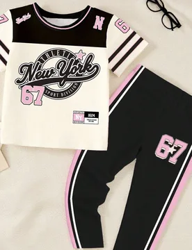 Conjunto de 2 piezas de camiseta básica corta y leggings con estampado gráfico de número 67, estrella de pentágono, rayas y parches para niñas j? - Shein - FashionsVida