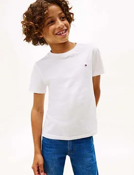 T-shirt bianca in puro cotone con mini bandiera logo - Tommy hilfiger - FashionsVida