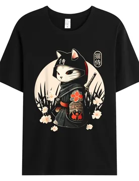 Japanese Samurai Cat Tattoo T-shirt Kawaii Ninja Cat Men's Cotton Fabric Graphic Tshirt Weekend Party Tops Tees Man Clothing - Aliexpress - FashionsVida