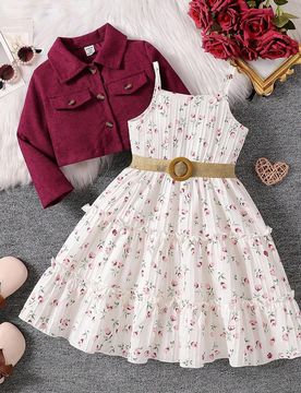 Piezas/Set Conjunto de moda familiar de verano para niñas jóvenes, chaqueta de manga larga con cuello de solapa & vestido de tirantes con estampado