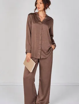 Women's Mocha Satin Shirt & Straight Leg Trousers Co-Ord Set in Brown Size: 10 - Brown - Size: 10 - LOVE SUNSHINE - FashionsVida
