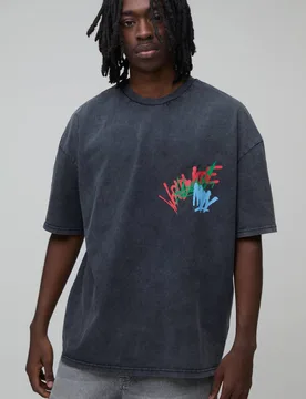Men's Oversized Acid Wash Graffiti Print T-Shirt Washed Black Size Medium Washed Black M - boohooMAN - FashionsVida