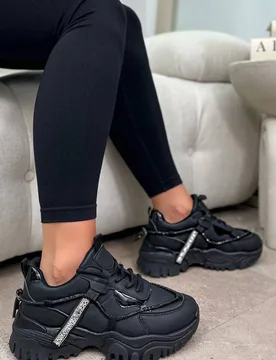 Women's Crystal Panel Track Chunky Trainers Luxe Edition in Black Size: 3 - Black - Size: 3 - Love Lemonade - FashionsVida