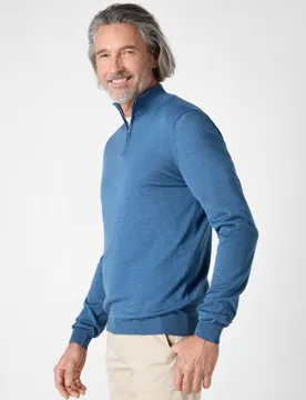 Curragh Mens 1/4 Zip Funnel Neck Merino Wool Jumper - Blue - Size X-Large - Oliver Sweeney - FashionsVida