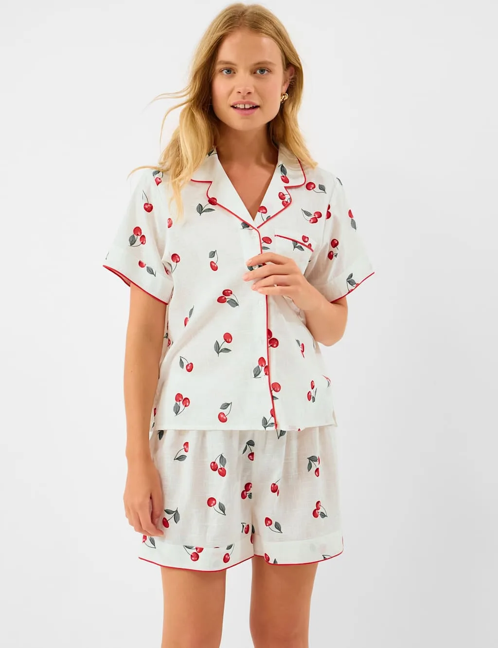 Pure Cotton Cherry Print Shortie Set Ivory Mix female - Accessorize - FashionsVida