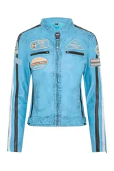 Women's Leather Biker Racing Badges Jacket-Agadir in Baby Blue Size: 12 - Baby Blue - Size: 12