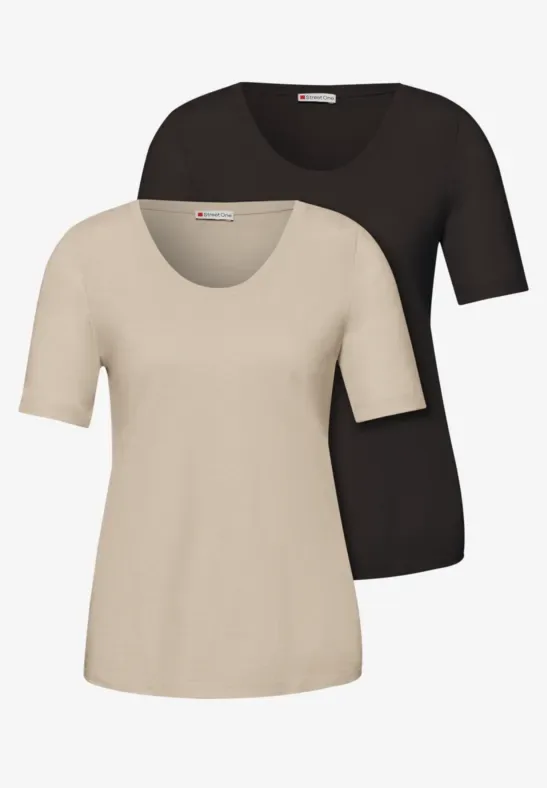 Basic T-Shirt mit Kurzarm im 2er-Pack female Multicolour Beige Braun - Street One - FashionsVida